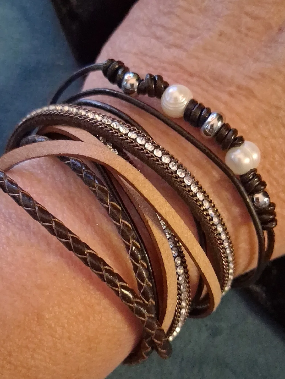 Express Brown Multi-Strand Leather Wrap Bracelet with Pearls and Rhinestones